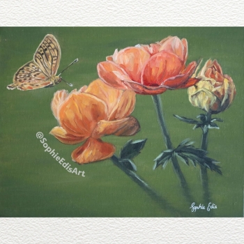 Butterfly and Flowers - Oil Painting - 14x11 inch - By Sophie Edis